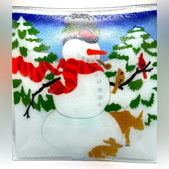 Peggy Karr Art Fused Glass Winter Snowman Cardinal Birds Square Platter 13 in - Picture 9 of 9